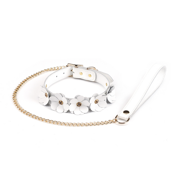 White Leather Flowers Collar with Leash