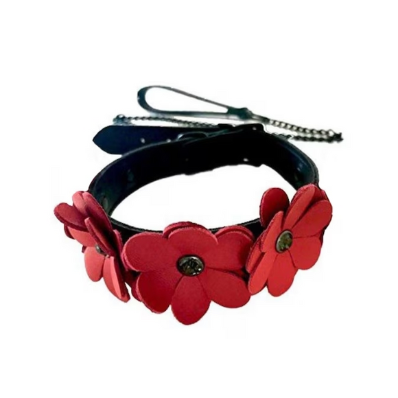 Red Leather Flowers Collar with Leash