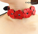 Red Leather Flowers Collar with Leash