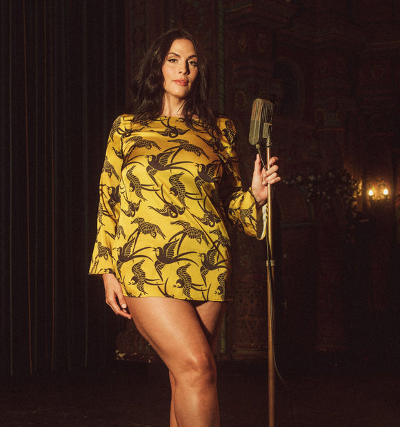 Antique Swallows Satin Long Sleeve Slip Dress