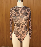 Black & Nude Floral Stretch Mesh Longsleeve Bodysuit