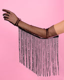 Black Fringe Gloves - Black 24" Fringe + Pearl Gloves
