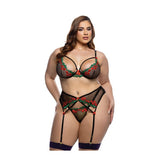 Cherry Delight Embroidered Lace and Mesh Underwire Bra w/Garter & G-String Set