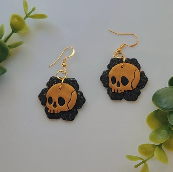 Gold Skull Flower Clay Earrings