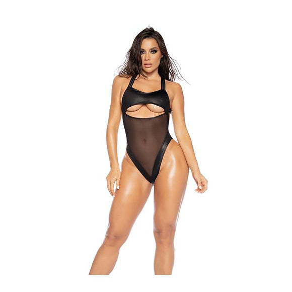 Mesh & Wet Look Black Underboob Cut Out Bodysuit