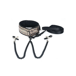 Faux Leather Collar & Leash with Black Nipple Clamps