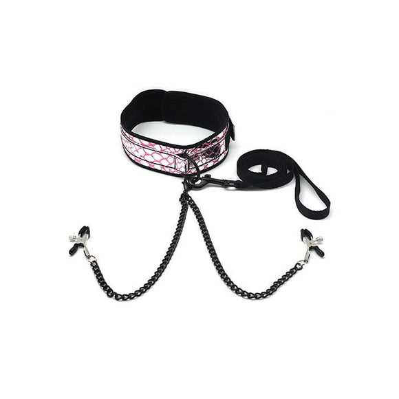 Faux Leather Collar & Leash with Black Nipple Clamps
